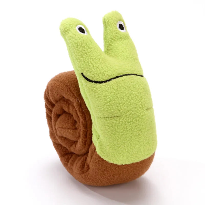 Interactive dog puzzle toy in snail shape with squeakers and foraging holes for mental stimulation