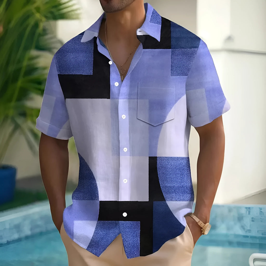 Men's short sleeve cardigan with a retro geometric square pattern in contrasting colours, shown in a loose fit.