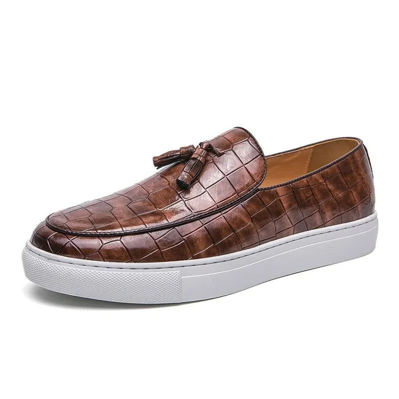 Men's tassel detail business casual sneakers in artificial PU upper and rubber sole, available in black, brown, and white colours