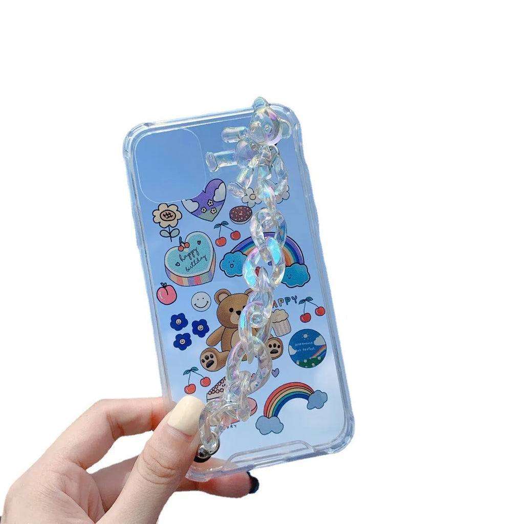 Bear chain protective iPhone case with cartoon design for multiple iPhone models