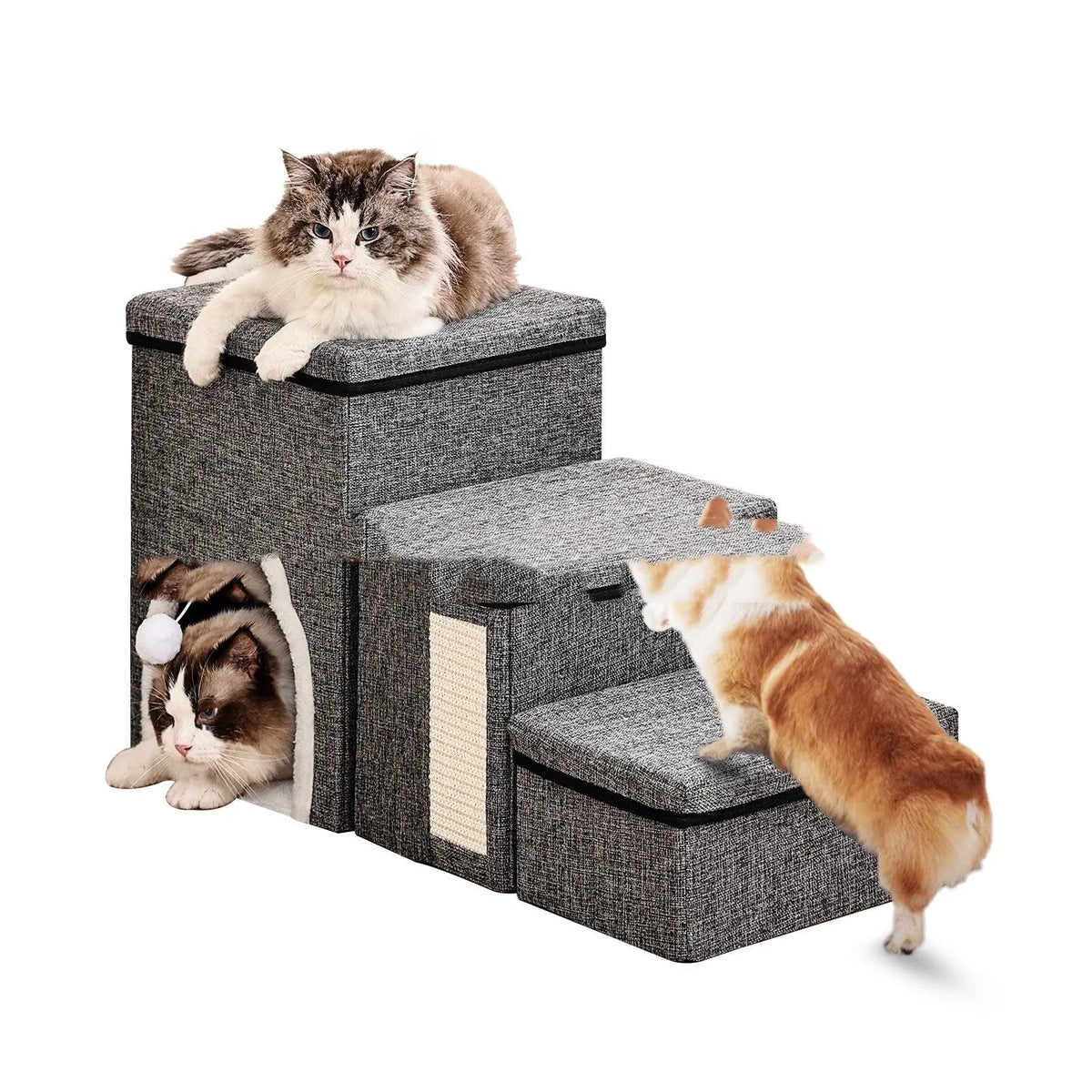 Dark grey non-slip pet sofa ladder for dogs and cats with soft cloth surface