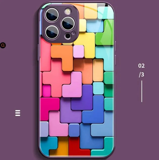 Colourful geometric cartoon design on a soft silicone case for iPhone, showing precise cutouts for camera and ports.