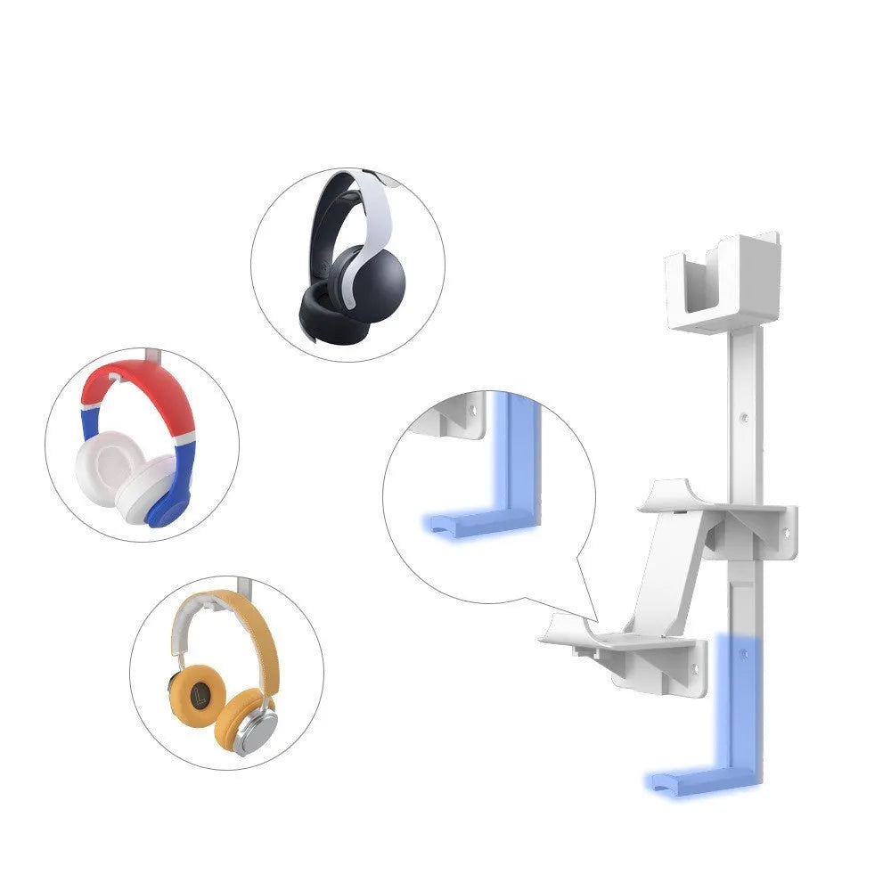 White wall-mounted storage hook holding PS5 controller and gaming headset