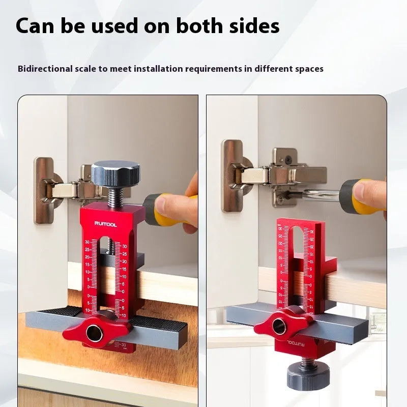 Aluminium cabinet door installation aid showing 10mm diamond template and depth adjustment mechanism