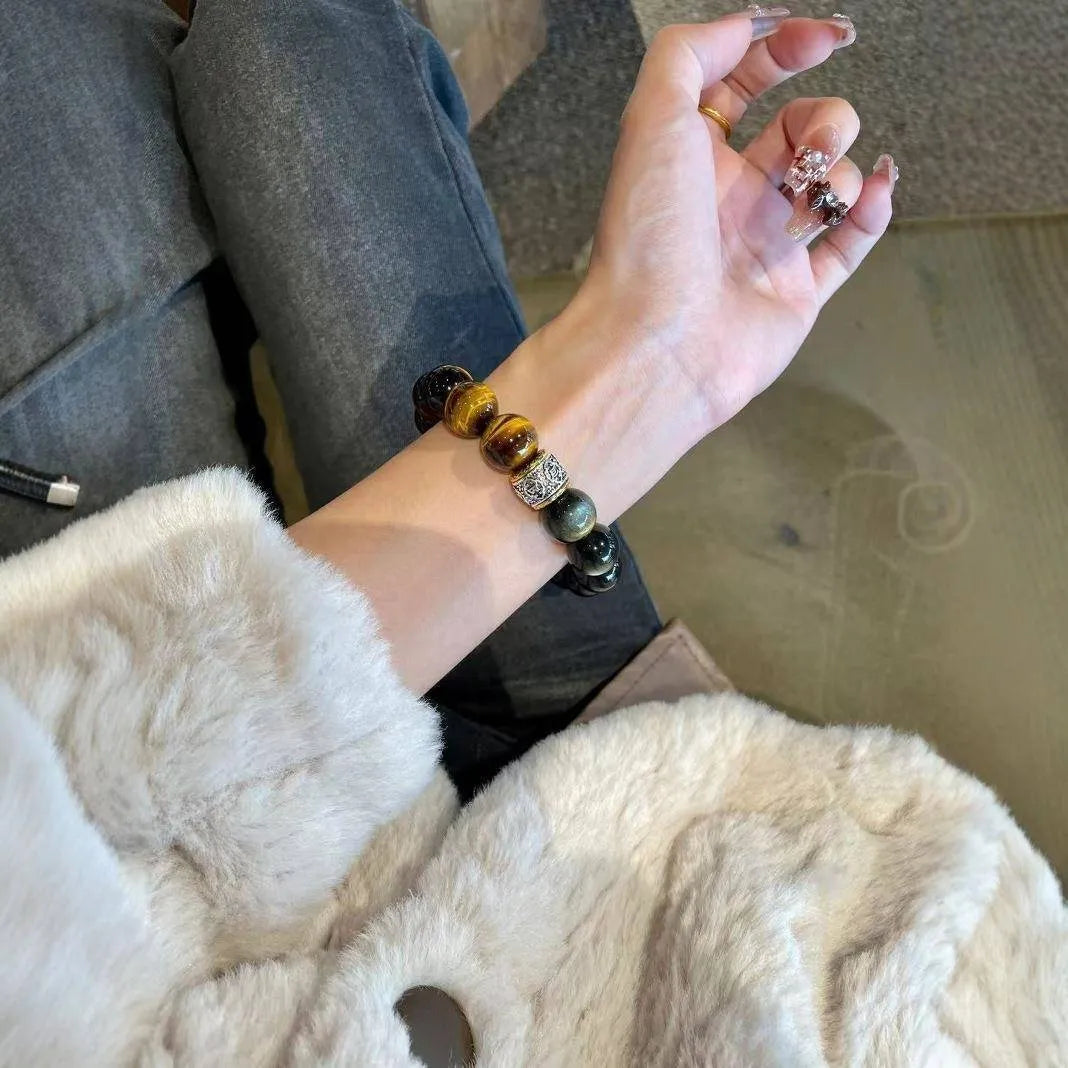 Women's Tigereye Silver Stone double bracelet with gold inlay decoration showing U-shaped design