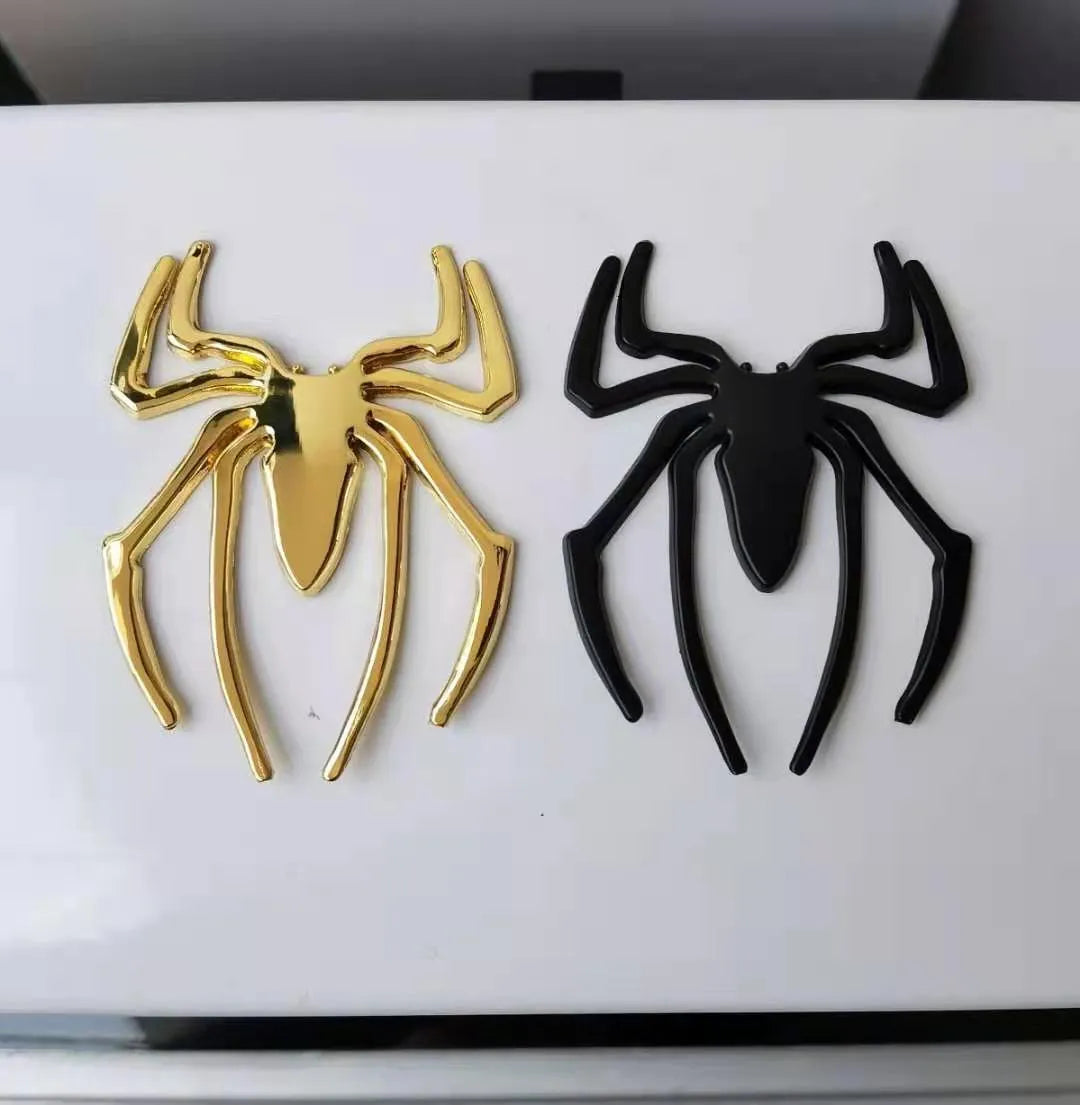 Three-dimensional metal spider bumper sticker showing raised design on zinc alloy with 7x5cm dimensions