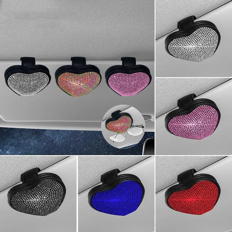 Magnetic car sun visor clip with diamond accents holding sunglasses, measuring 8.0 by 7.3 cm