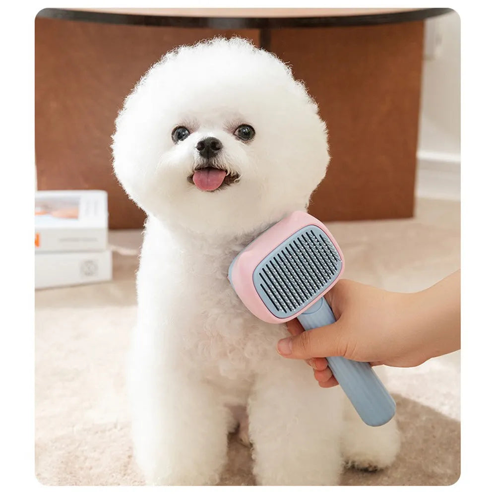 Blue pet grooming brush with double-sided de-shedding rake and de-matting comb, measuring 195mm long