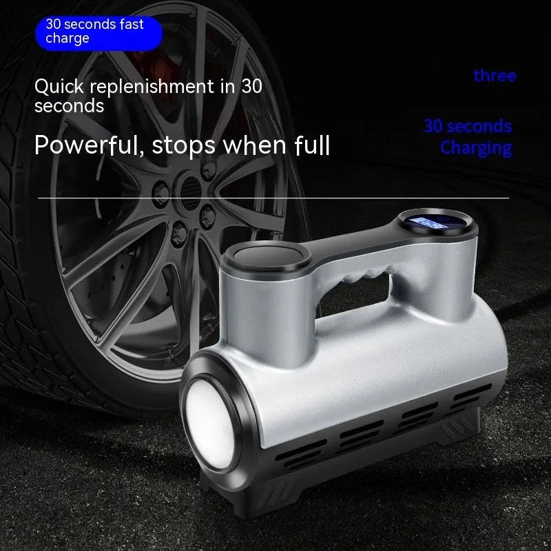 12V portable car tyre inflator with digital display, three air nozzles, and compact grey ABS body.