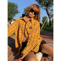 Dopamine yellow plaid shirt with loose cardigan style, sizes M to 2XL, 80-thread count chemical fibre blend