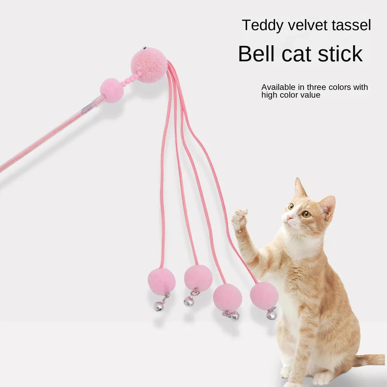 Blue funny cat stick toy with colourful fabric tassels on a plastic wand for interactive play with cats.
