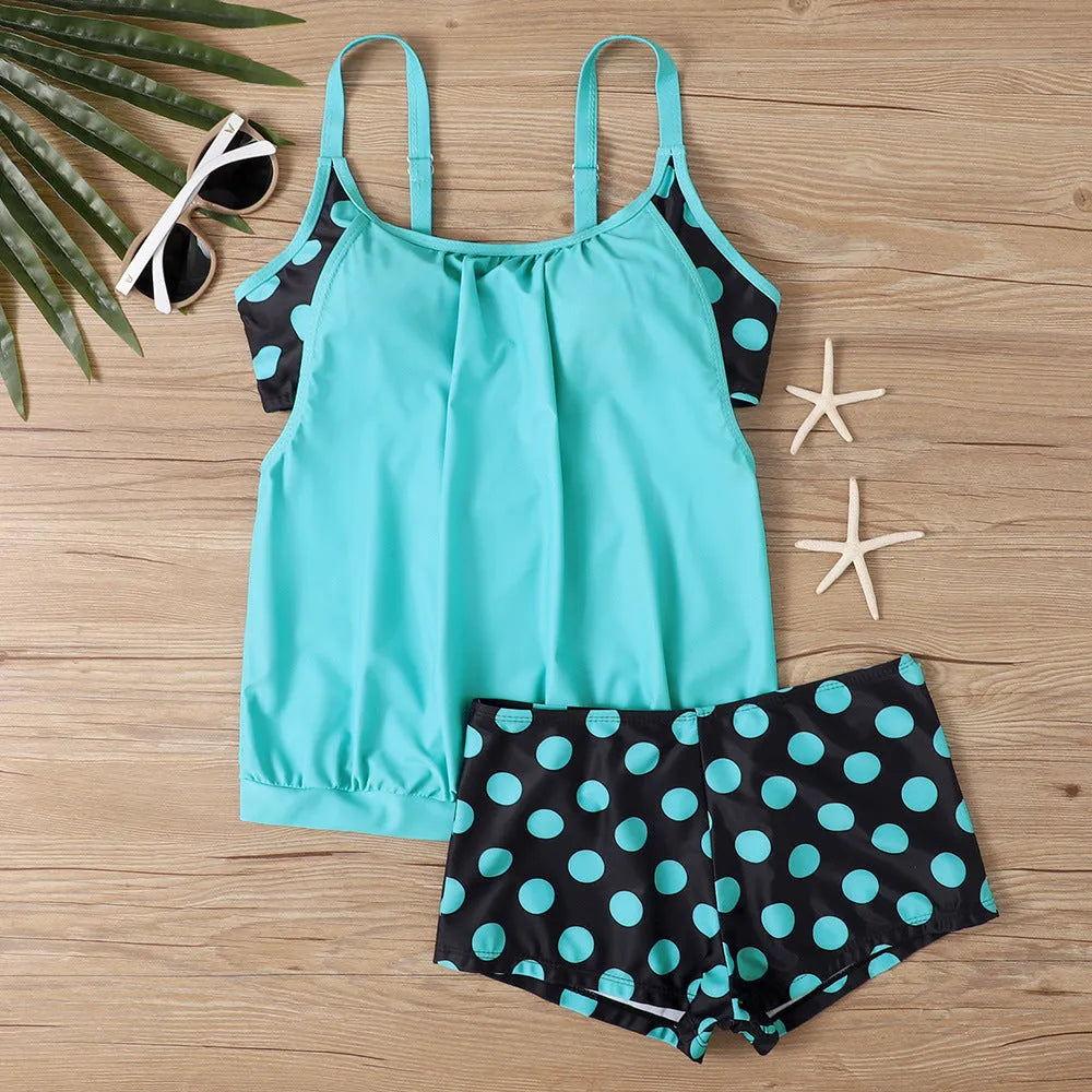 Women's split printed polka dot boxer swimsuit with high-waist briefs in black, red, light blue, or dark blue