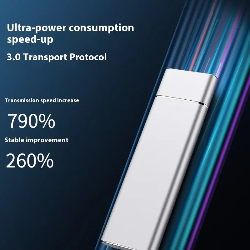 Sapphire blue portable external solid state hard disk drive with metal shell next to a USB cable.
