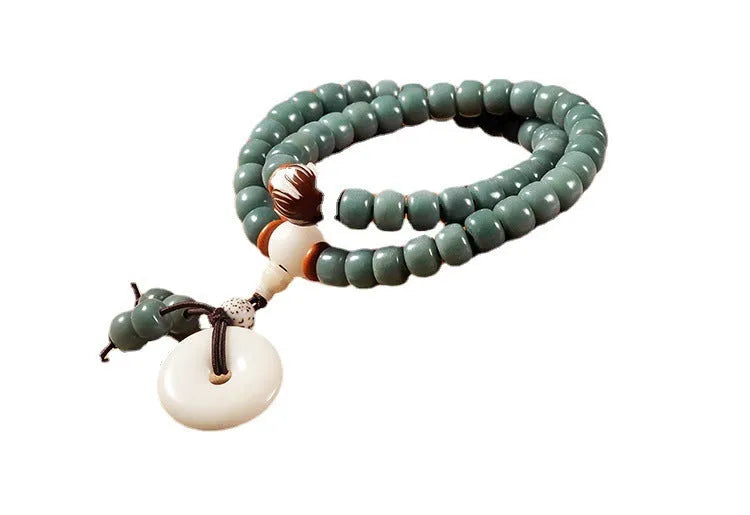 Natural white jade green sandalwood Bodhi seed bracelet with double-ring lotus design and safety clasp