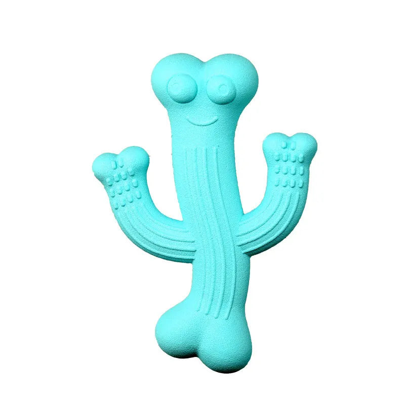 Beige, blue, or purple cactus-shaped dog chew toy made from bamboo fibre and rubber shown in small and large sizes.