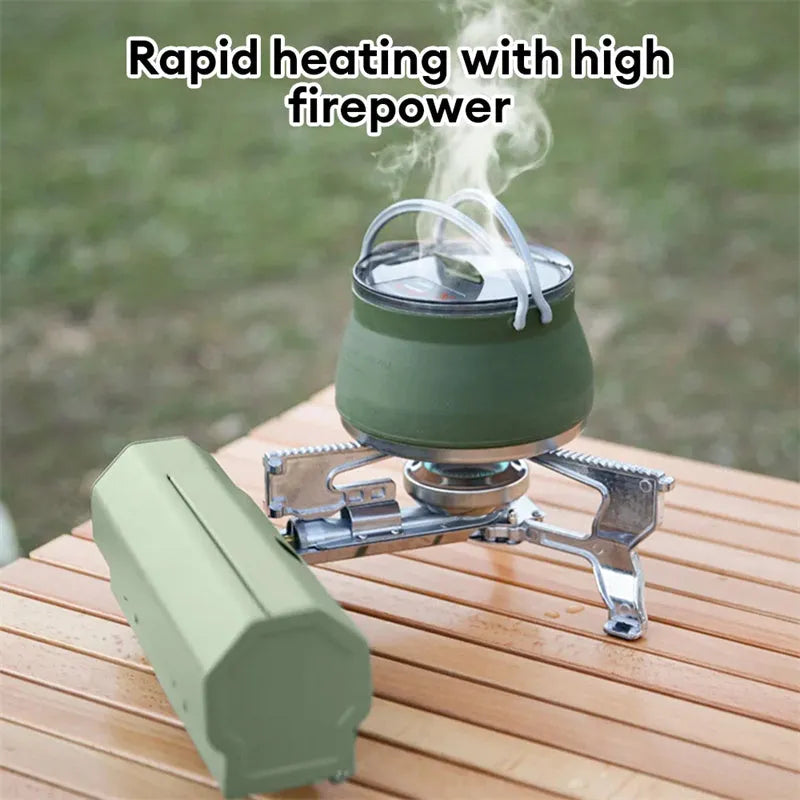 Green portable folding gas stove with adjustable valve and serrated bracket for camping