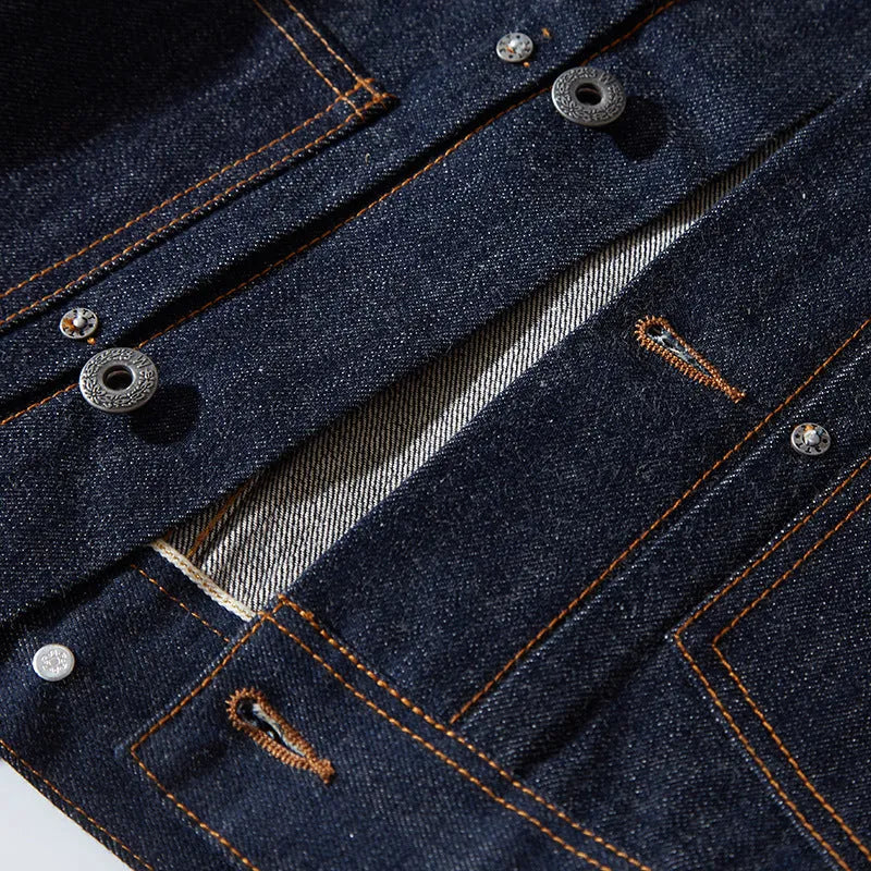 Men's raw pulp colour Japanese-style loose cotton jacket with red edge detailing and patch pockets.