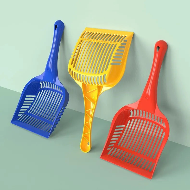 Cat litter scoop in red, yellow, or blue colour, showing small and medium size options for cleaning litter trays.