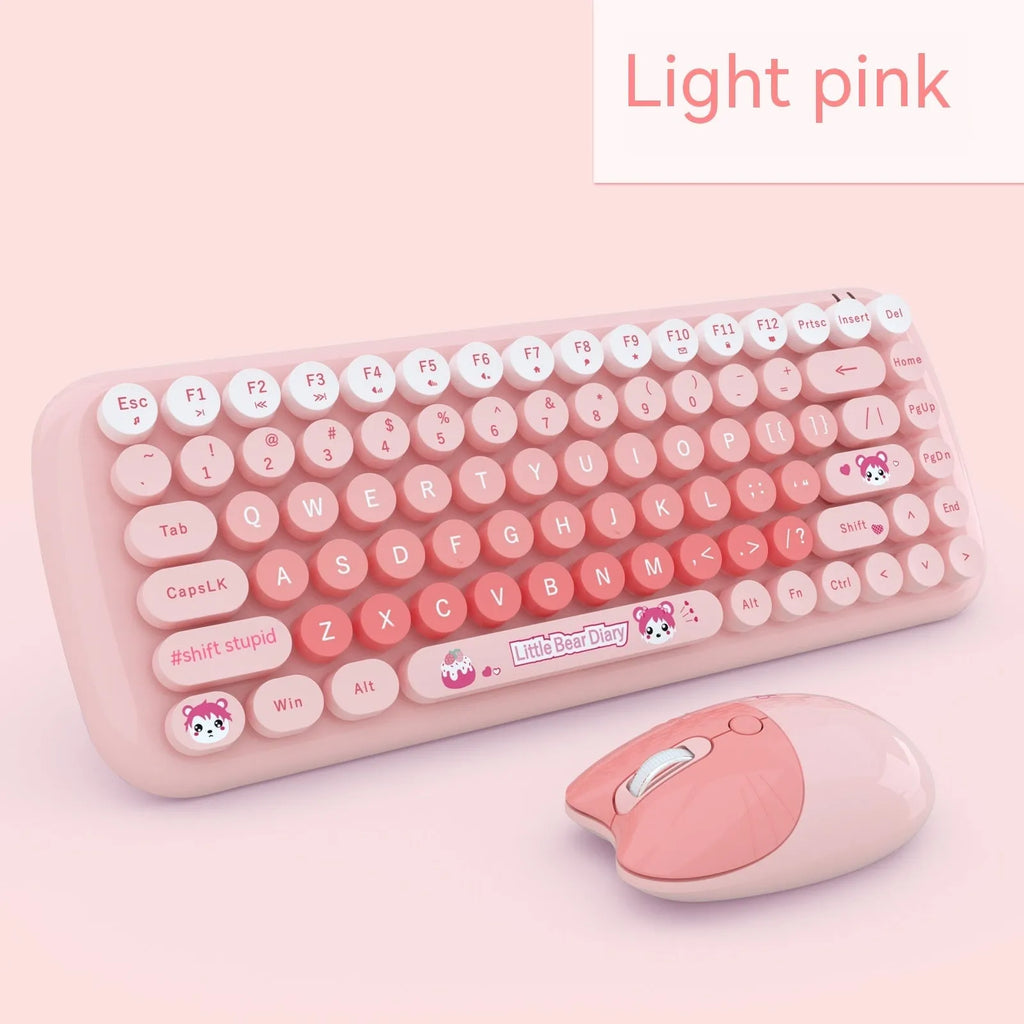 Candy pink wireless keyboard and mouse set with compact 43.5 cm keyboard dimensions