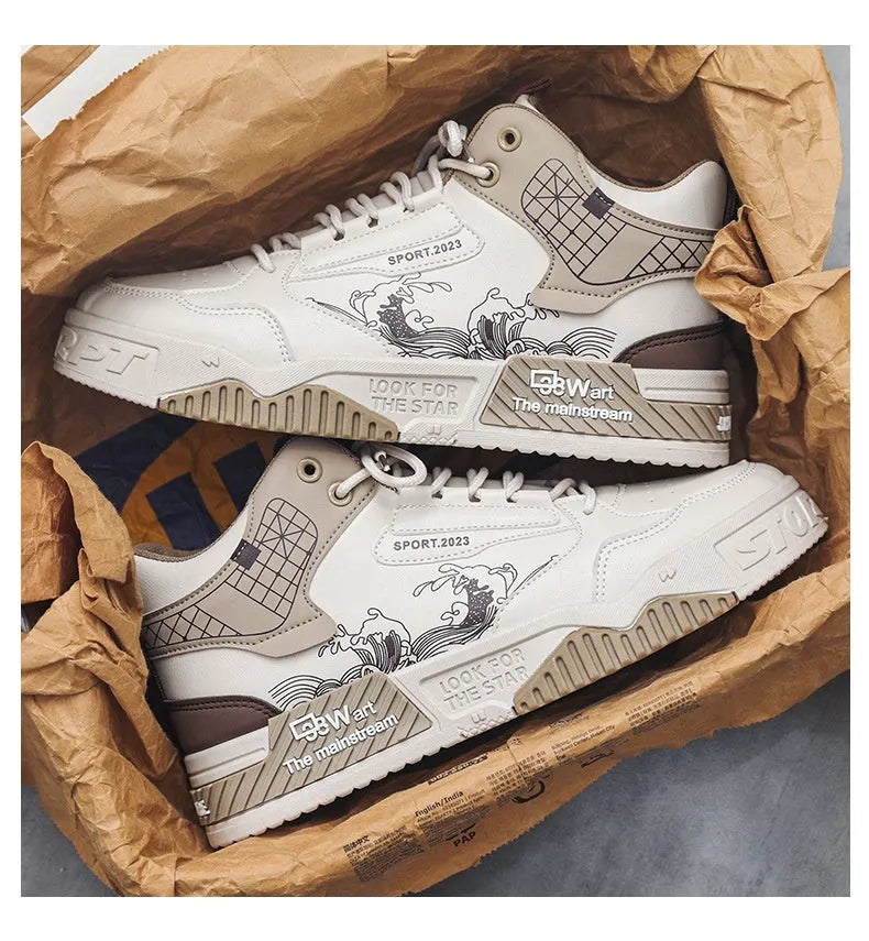 Men's high-top lace-up board sneakers in beige, white, and blue colours with rubber soles.