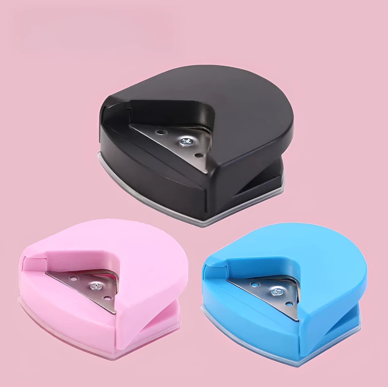 Business card corner cutter tool in black, blue, or pink with plastic and metal construction