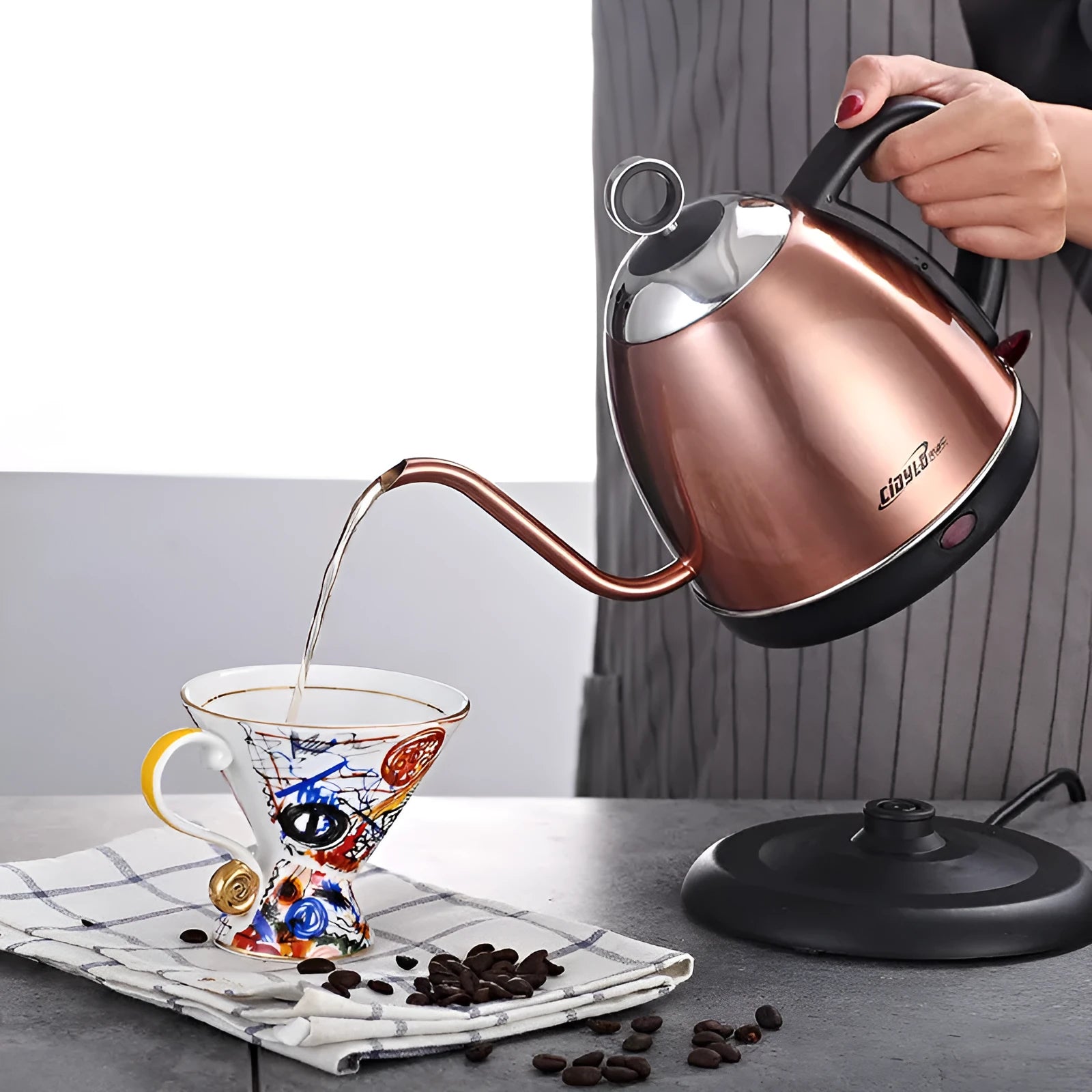 Automatic constant temperature stainless steel kettle in white, yellow, or gold with 1L capacity and touch controls