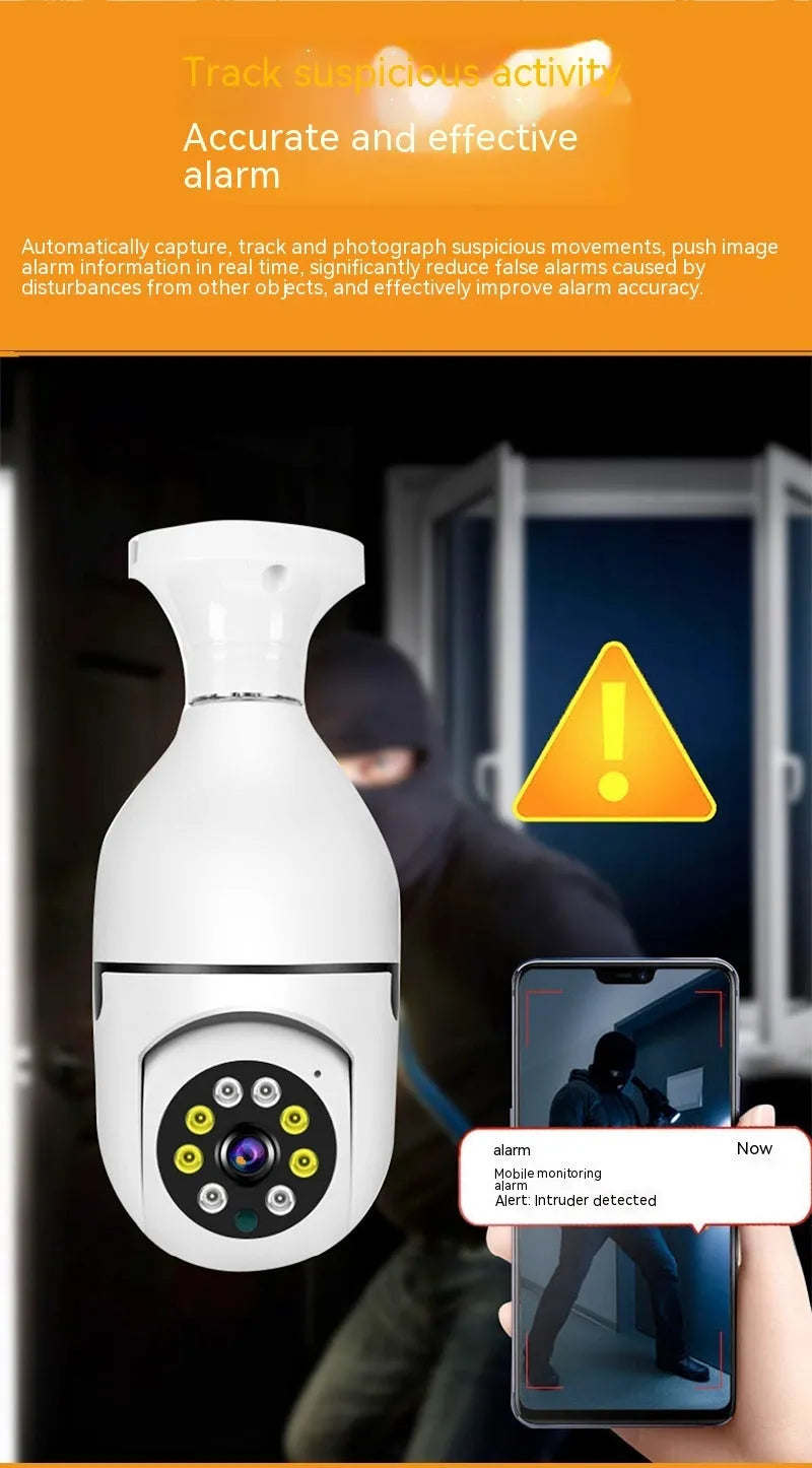 Compact bulb security camera with 5cm x 12cm dimensions showing lens and wifi connectivity for 1080p monitoring