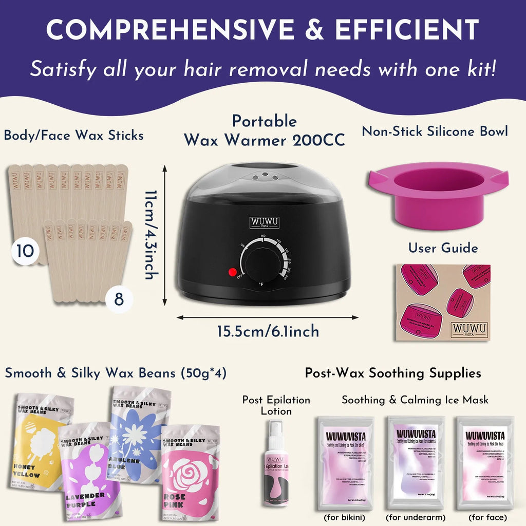 Waxing gift set with black warmer, wax beans, aftercare lotion, ice masks, and wax sticks for hair removal