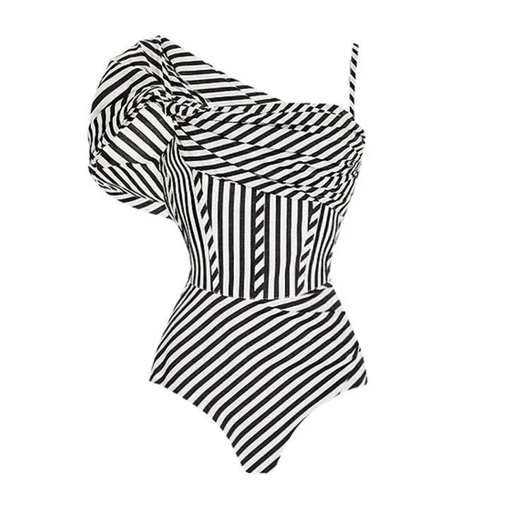 Women's one-piece swimsuit with ruffled striped design and attached skirt in polyester fabric
