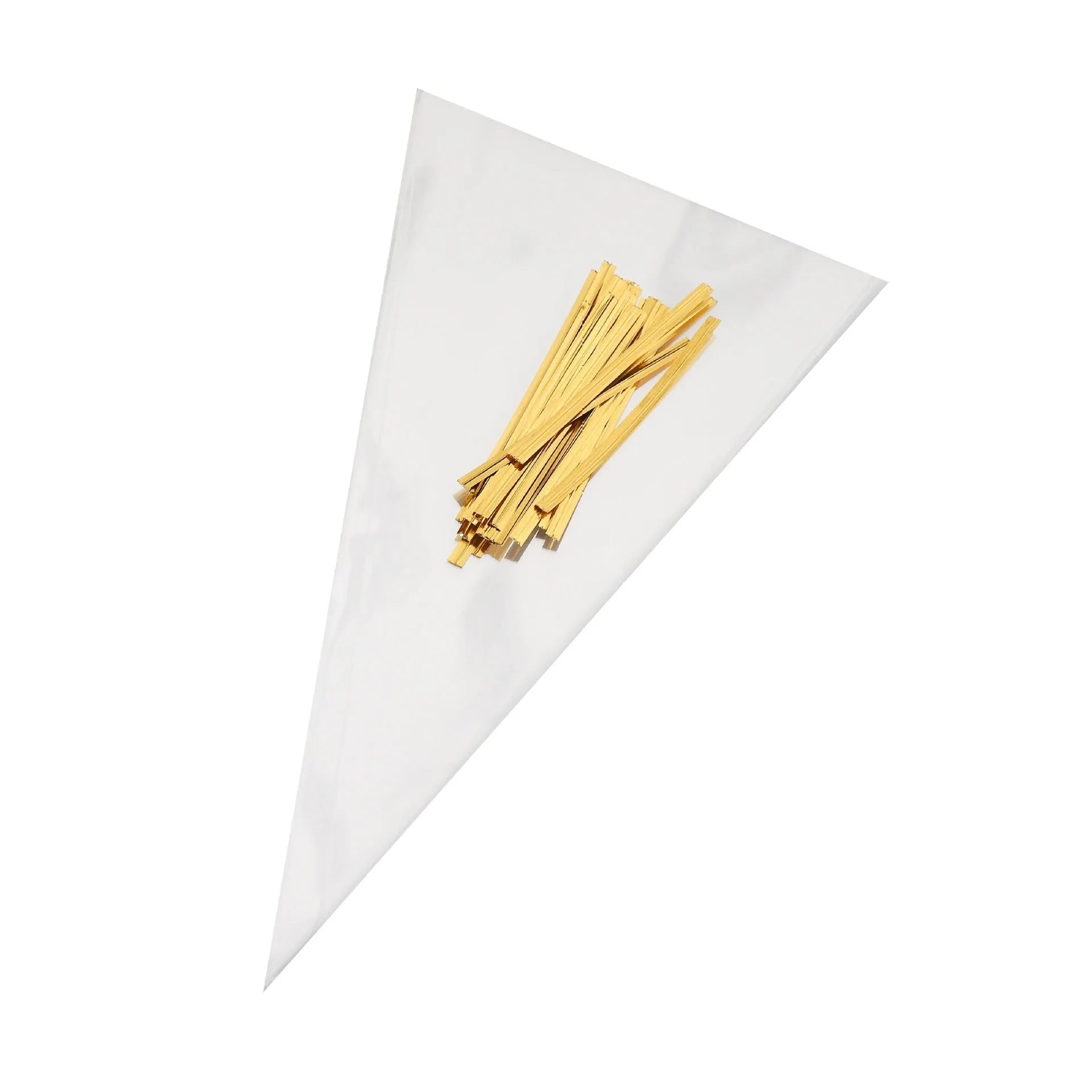Triangle plastic packaging bag with tie wire closure in clear OPP material