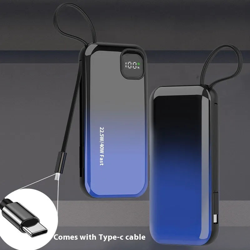 Black portable power bank with integrated charging cable, showing compact size and industrial design.
