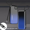 Black portable power bank with integrated charging cable, showing compact size and industrial design.