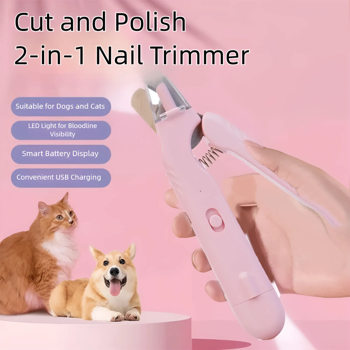2-in-1 pet nail clipper with LED light, stainless steel blades, 180 x 41 x 22 mm, for dogs and cats