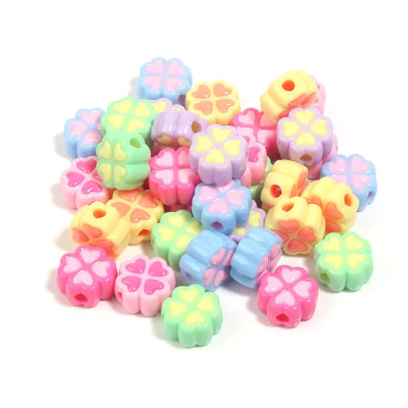 15mm frosted acrylic four-leaf clover beads in mixed colours including rose red, pink, yellow, green, blue, and purple