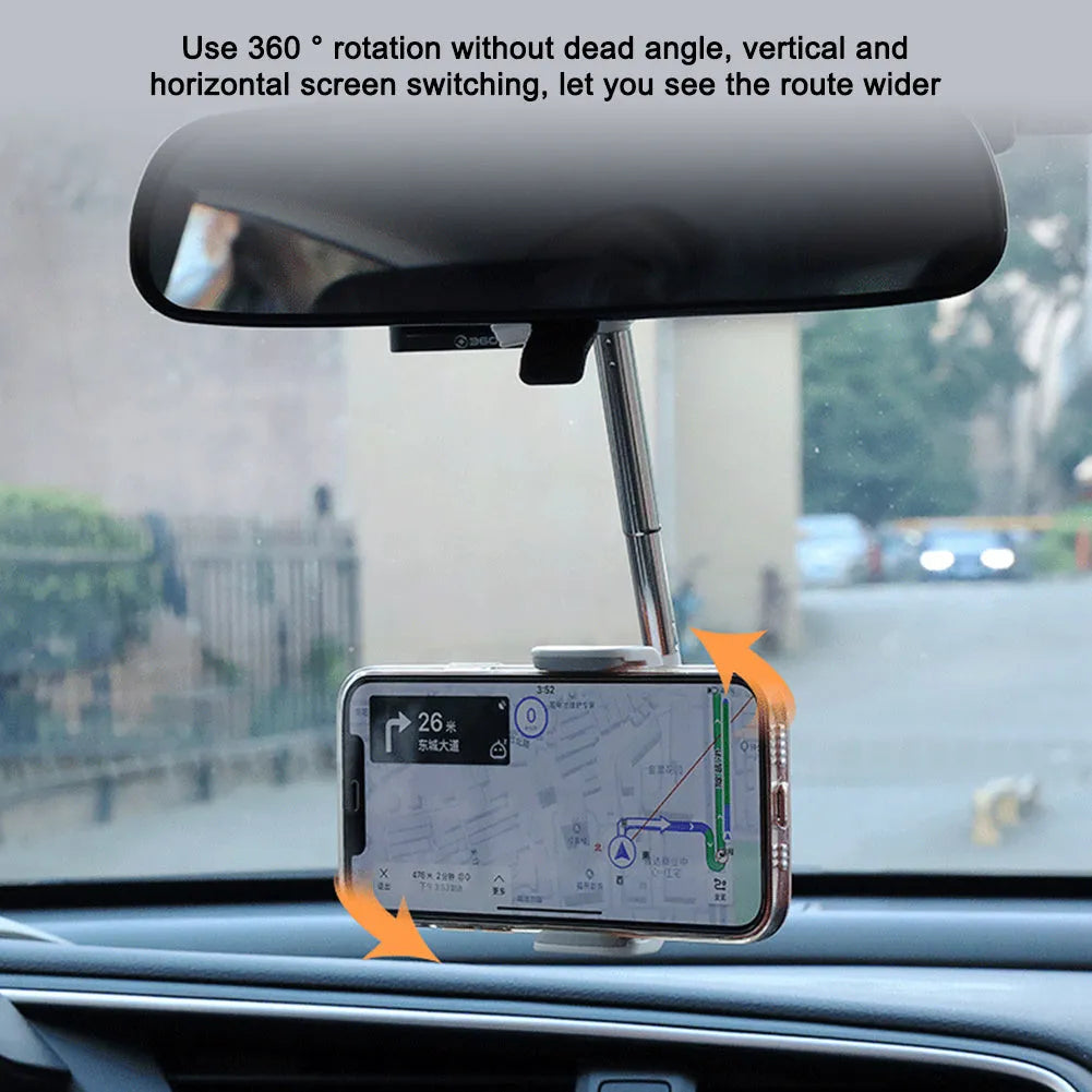Black car phone holder mounted on rearview mirror with mobile phone secured in adjustable bracket