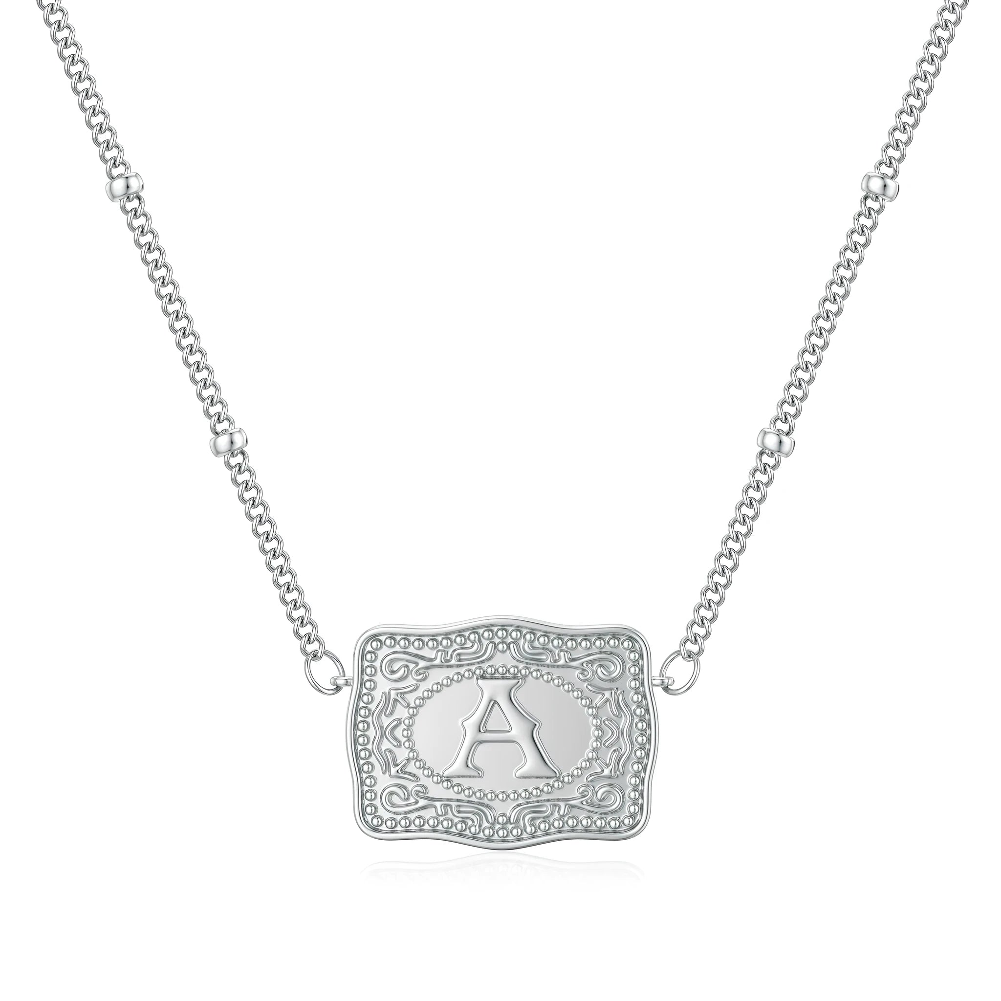 Copper electroplated initial letter necklace on a chain, available in gold and white gold colours.