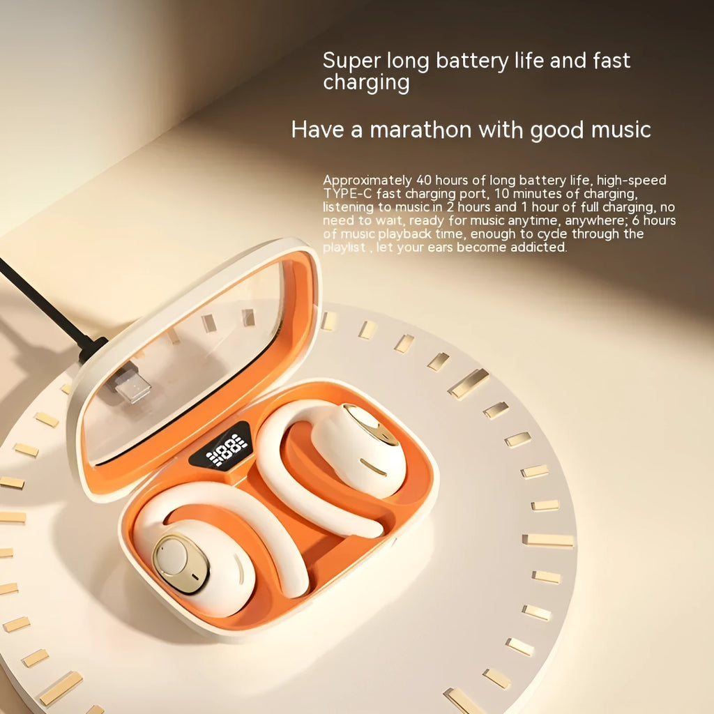 Bluetooth sports headset with ear hook, digital display, black or ivory white, silicone plastic.