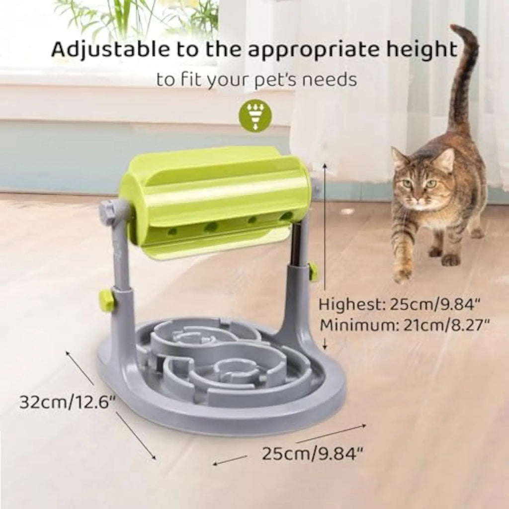 Blue interactive dog and cat food puzzle toy slow feeder bowl with adjustable height mechanism