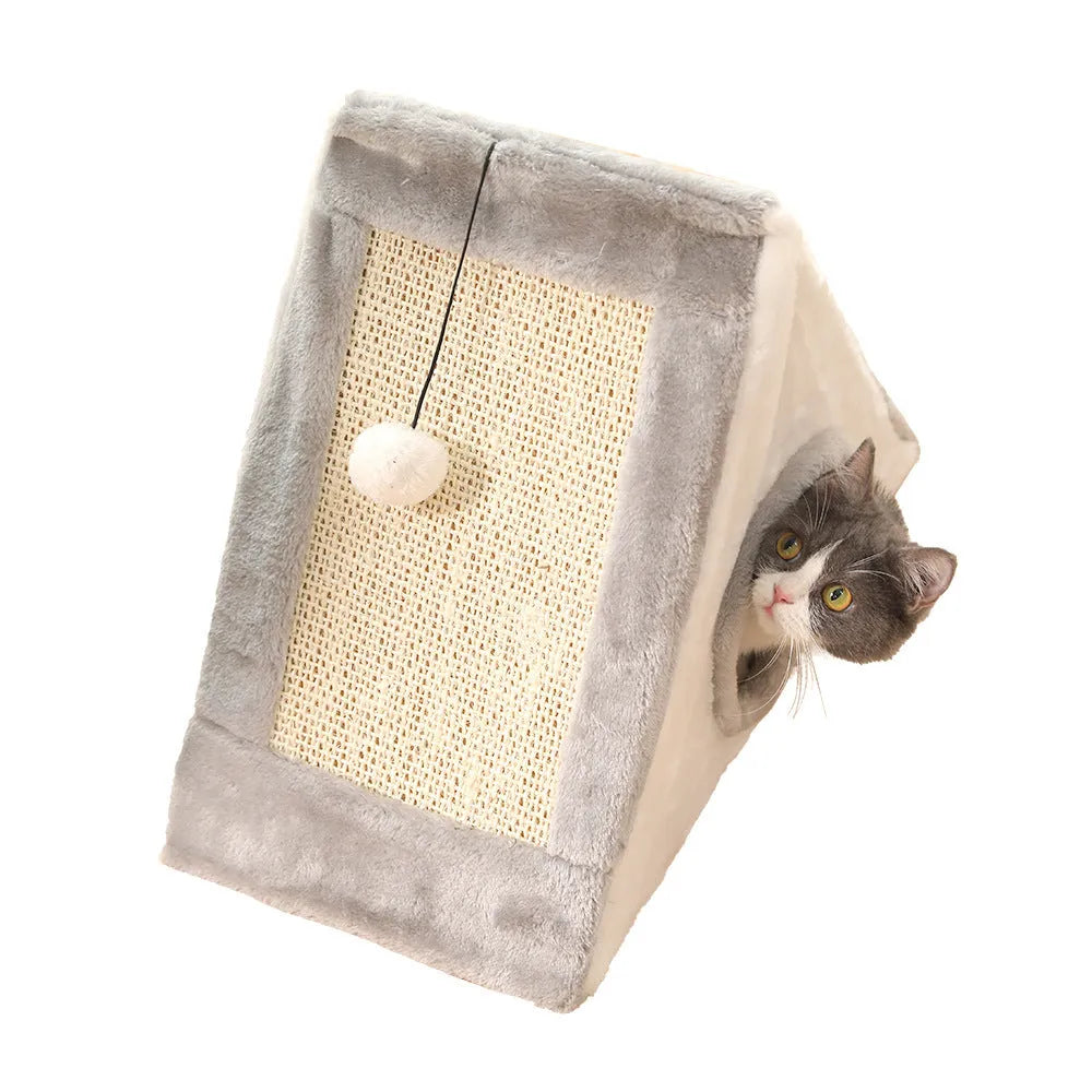Triangular cat bed with sisal scratching surfaces on interior walls, available in grey/white or light brown/beige colour options