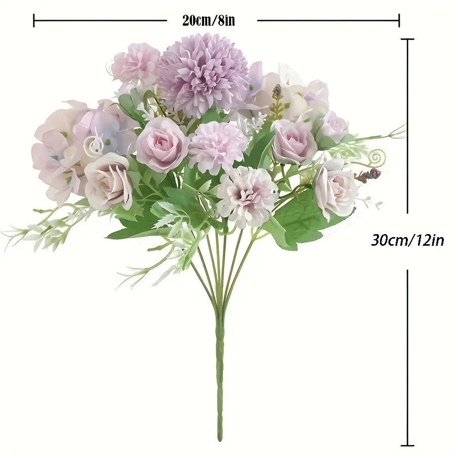 Artificial hydrangea flower with raw silk bloom on a plastic stem in blue.