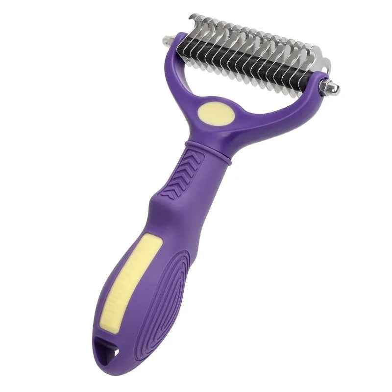 Purple double-sided plastic pet comb for detangling dog and cat fur.