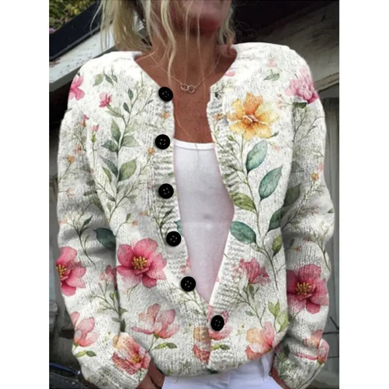 Yellow cardigan knitted coat with a raised 3D digital print pattern, shown on a hanger.