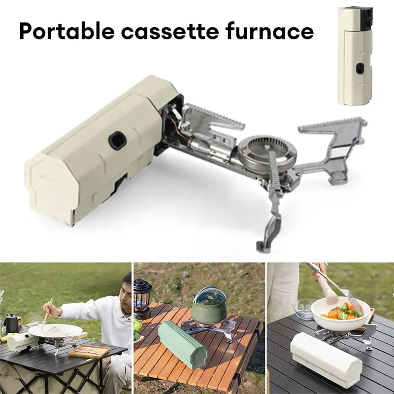 Green portable folding gas stove with adjustable valve and serrated bracket for camping
