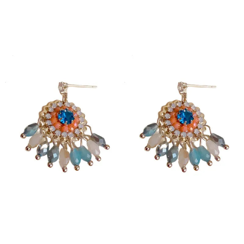 Purple and blue round crystal tassel earrings with diamond accents and thick gold plating