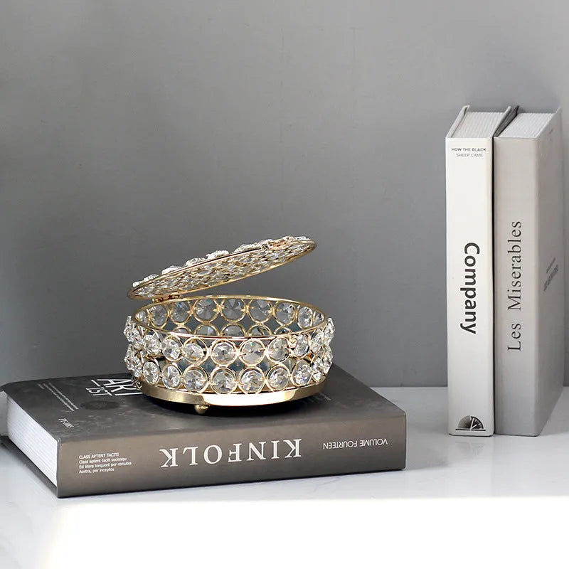 French gold jewellery box with crystal glass lid showing interior, measuring 15cm wide