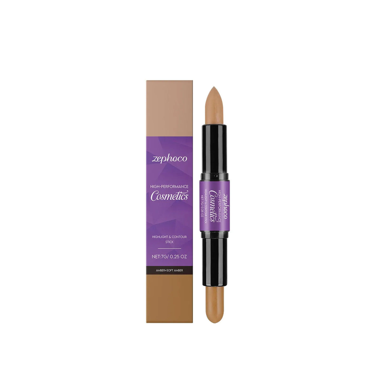 Dual-ended cream highlighter and contour stick for face makeup in matte, amber or high gloss finishes