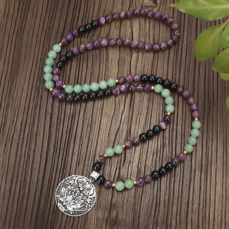 Handmade stone yoga lotus pendant necklace and matching bracelet with alloy centrepiece