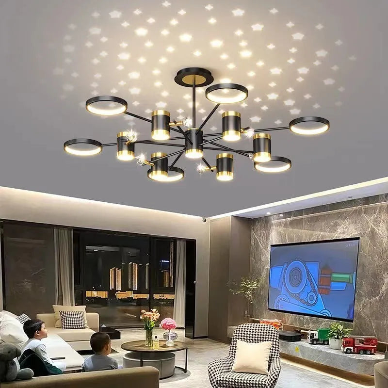 Black iron pendant lamp with 13 heads, remote control, adjustable height for 15-30 square metre rooms