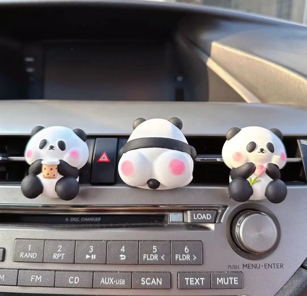 Panda car vent air freshener clip ornament in milk tea, flower, and back panda designs