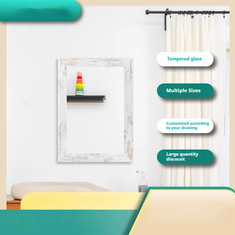 Wall-mounted dressing mirror with retro Chinese style white frame in bathroom setting